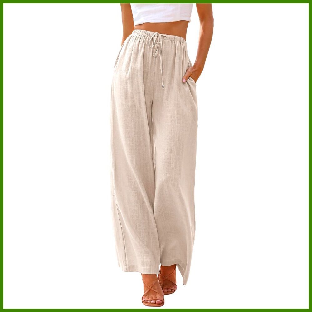 Linen Summer Palazzo Pants Flowy Wide Leg Beach Pants with Pockets